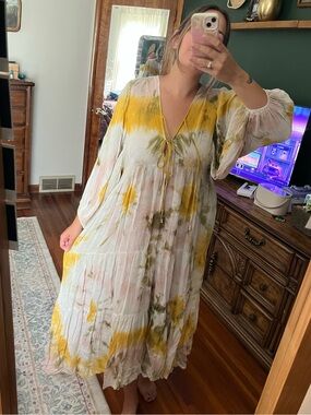 Young Fabulous & Broke Tired Boho Maxi Dress with Yellow and Olive Tie-Dye
